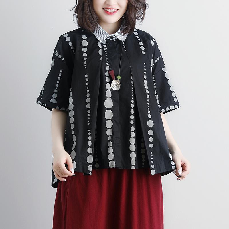 fashion pure cotton blouse plus size Women Polo Neck Casual Summer Short Sleeve Dots Black Blouse - Omychic