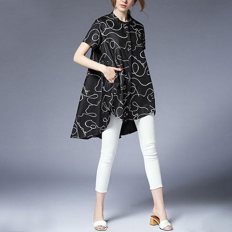 fashion pure cotton blouse trendy plus size Summer Short Sleeve High-low Hem Women Tops - Omychic