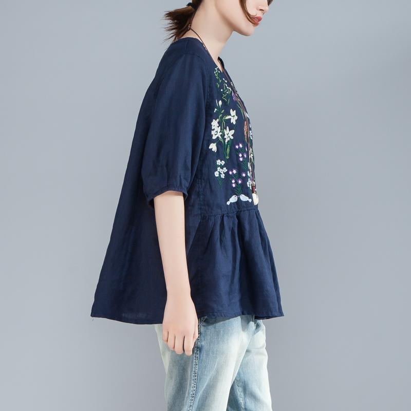 fashion pure linen blouse casual Women Embroidery Pleated Navy Blue Tops - Omychic