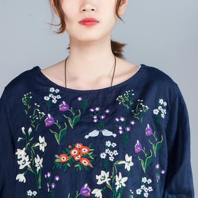 fashion pure linen blouse casual Women Embroidery Pleated Navy Blue Tops - Omychic