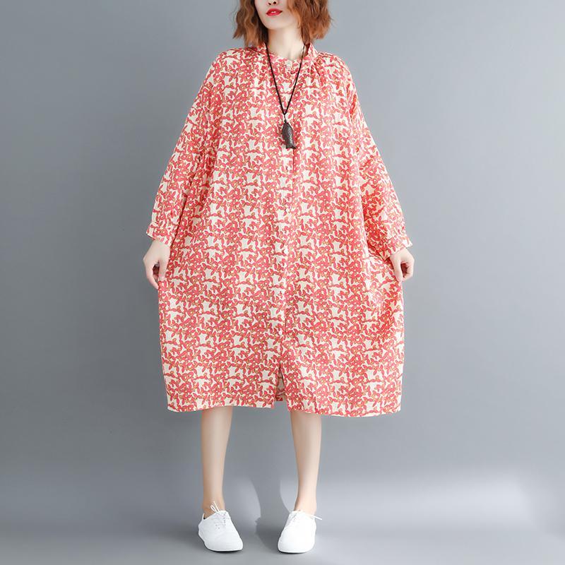 fashion red floral cotton dresses Loose fitting Stand baggy dresses boutique long sleeve cotton dresses - Omychic