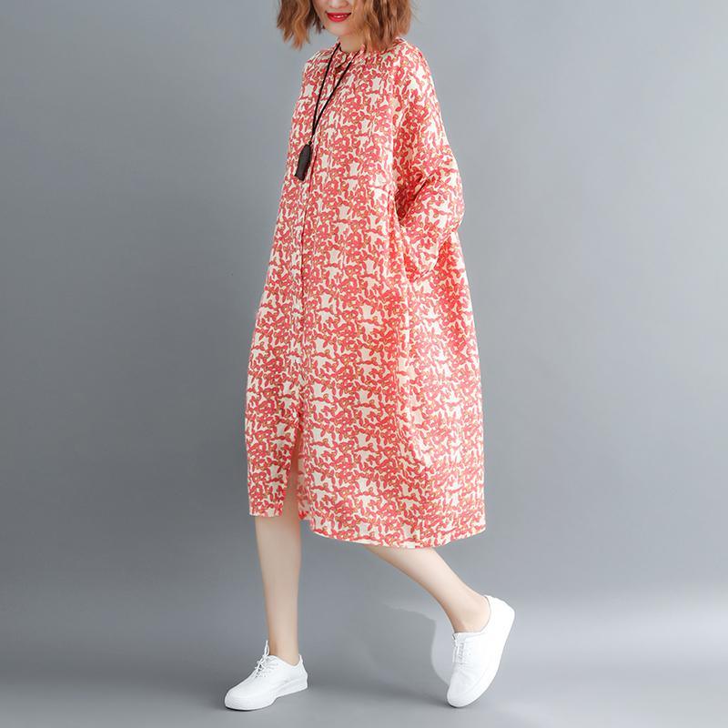 fashion red floral cotton dresses Loose fitting Stand baggy dresses boutique long sleeve cotton dresses - Omychic