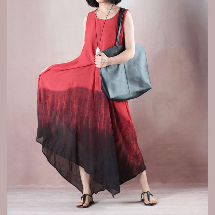 fashion red long cotton blended dresses plus size o neck Sleeveless cotton blended maxi dress boutique asymmetric kaftan - Omychic