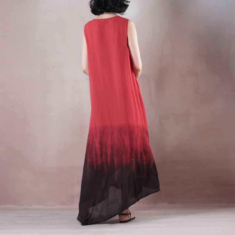 fashion red long cotton blended dresses plus size o neck Sleeveless cotton blended maxi dress boutique asymmetric kaftan - Omychic