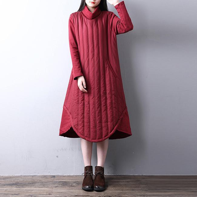 fashion red long cotton dress caftans high neck pocketsYZ-2018111425 - Omychic