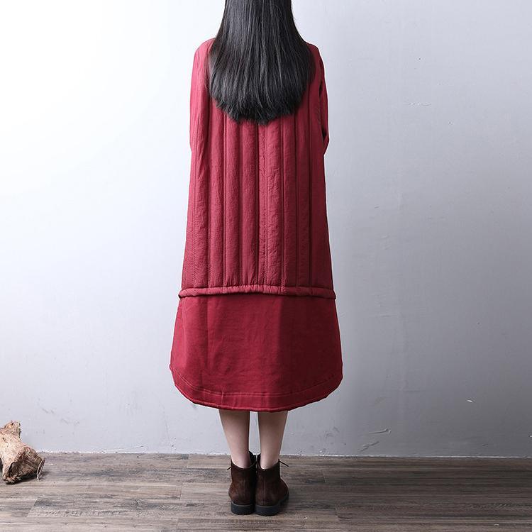 fashion red long cotton dress caftans high neck pocketsYZ-2018111425 - Omychic