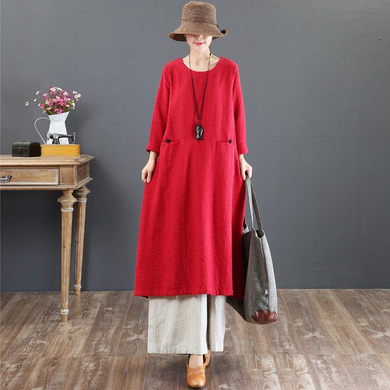 fashion red long cotton dresses Loose fitting o neck gown top quality pockets Chinese Button maxi dresses - Omychic