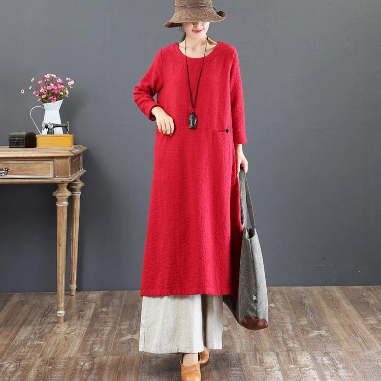 fashion red long cotton dresses Loose fitting o neck gown top quality pockets Chinese Button maxi dresses - Omychic