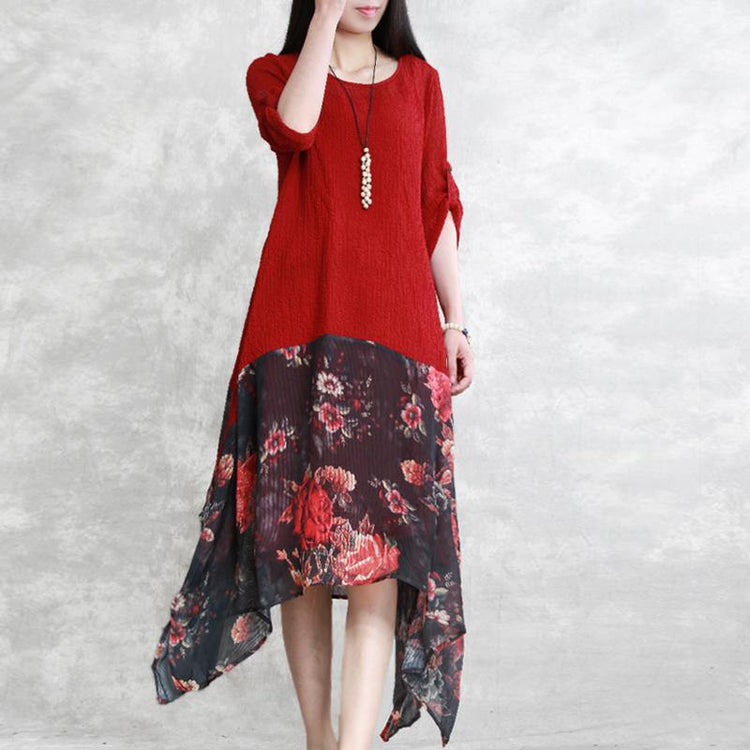 fashion red silk dress plus size clothing patchwork silk clothing dresses women asymmetric hem silk caftans - Omychic