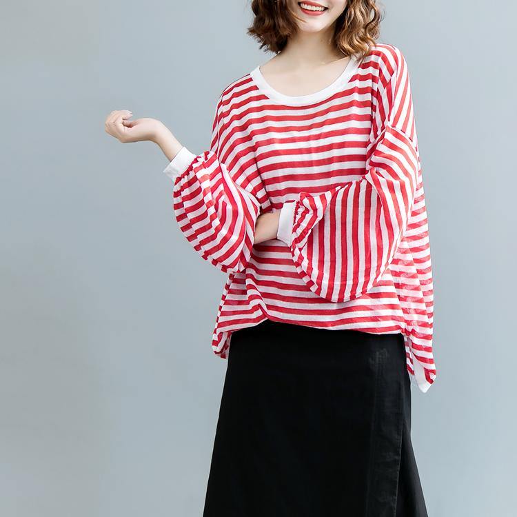 fashion red striped  pure linen tops oversized linen maxi t shirts women lantern sleeve o neck cotton shirts - Omychic