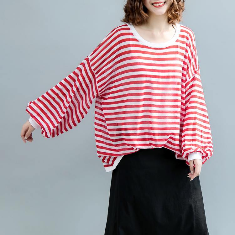 fashion red striped  pure linen tops oversized linen maxi t shirts women lantern sleeve o neck cotton shirts - Omychic
