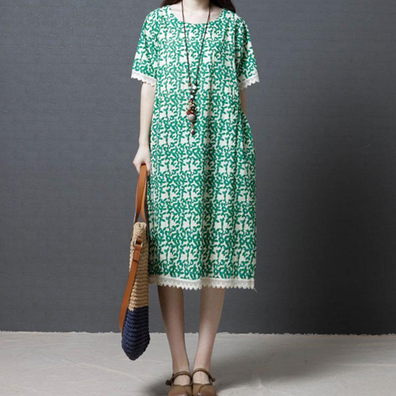 fashion shift dresses oversize Women Summer Cotton cotton Linen Round Neck Green Dress - Omychic