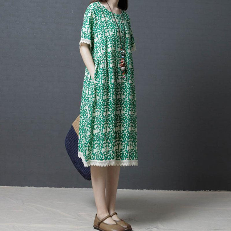 fashion shift dresses oversize Women Summer Cotton cotton Linen Round Neck Green Dress - Omychic
