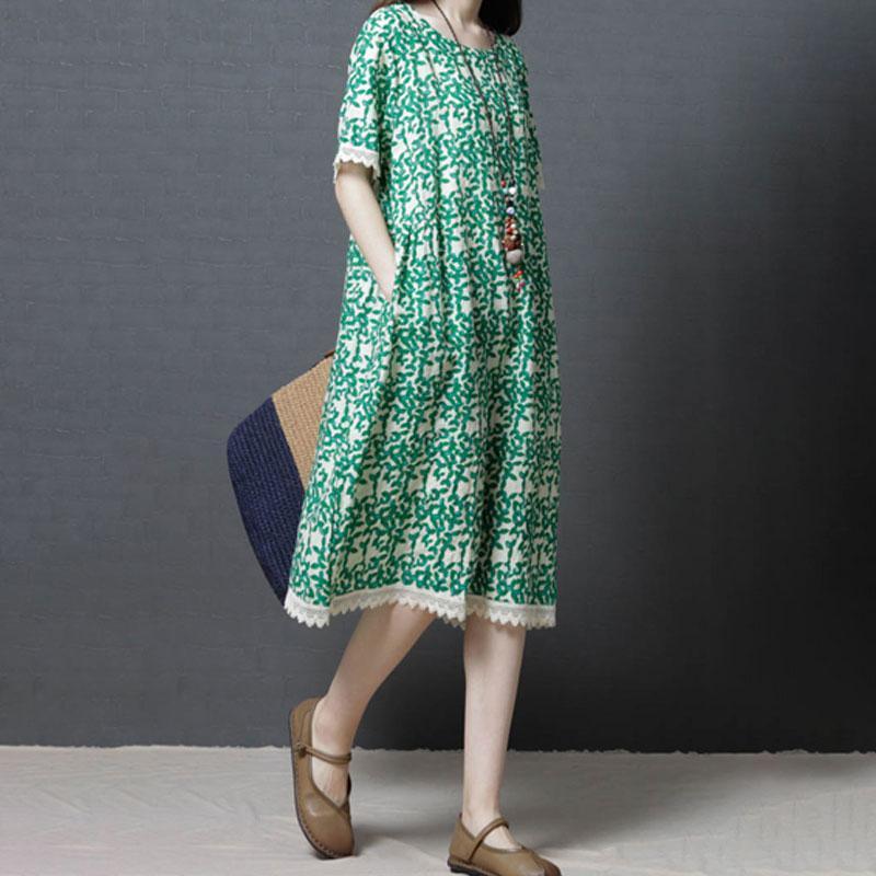 fashion shift dresses oversize Women Summer Cotton cotton Linen Round Neck Green Dress - Omychic