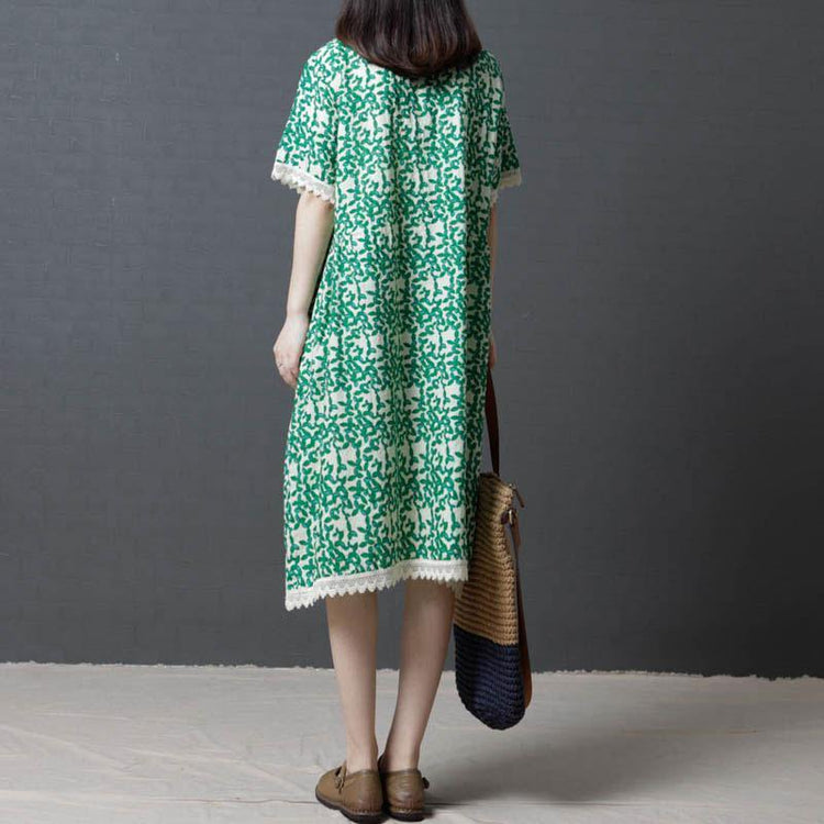 fashion shift dresses oversize Women Summer Cotton cotton Linen Round Neck Green Dress - Omychic