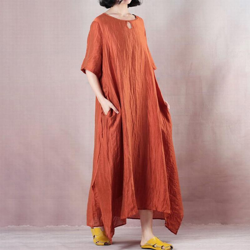 fashion silk linen dress plus size clothing Loose Tencel Linen Solid Color O-Neck Short Sleeve Dress - Omychic