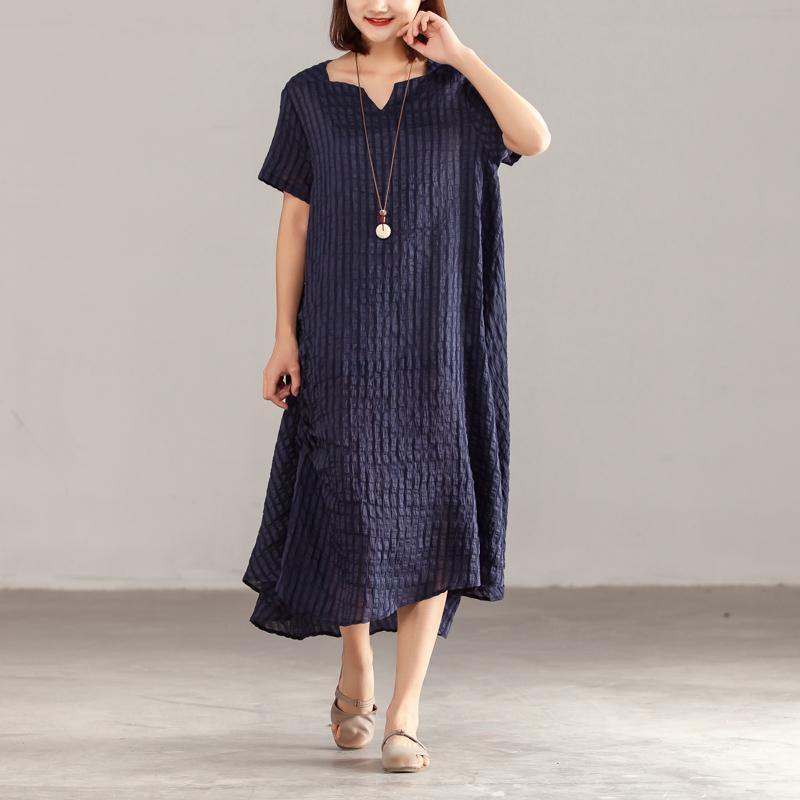 fashion silk linen maxi dress plus size clothing Women Navy Blue Short Sleeve Summer Casual Dress - Omychic