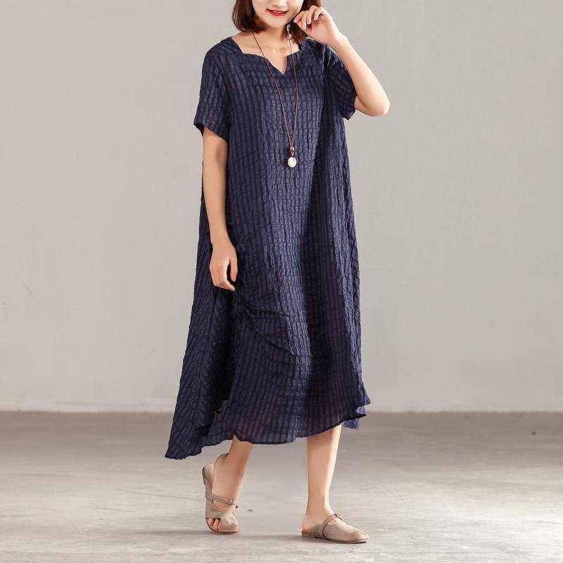 fashion silk linen maxi dress plus size clothing Women Navy Blue Short Sleeve Summer Casual Dress - Omychic