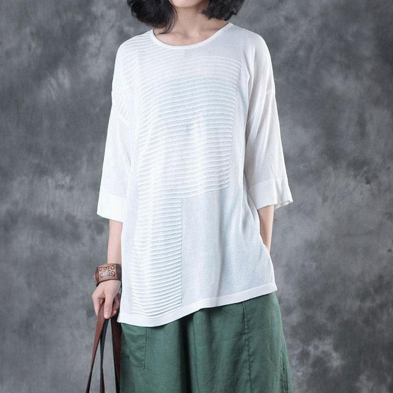 fashion summer linen blended t shirt casual Women Flax 12 Sleeve Stripe Plain White Tops - Omychic