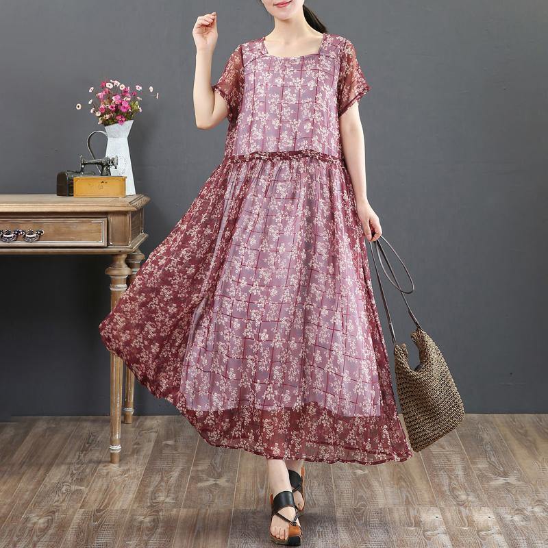 fashion summer maxi dress top quality Fake Two-piece Short Sleeve Red Floral Dress - Omychic