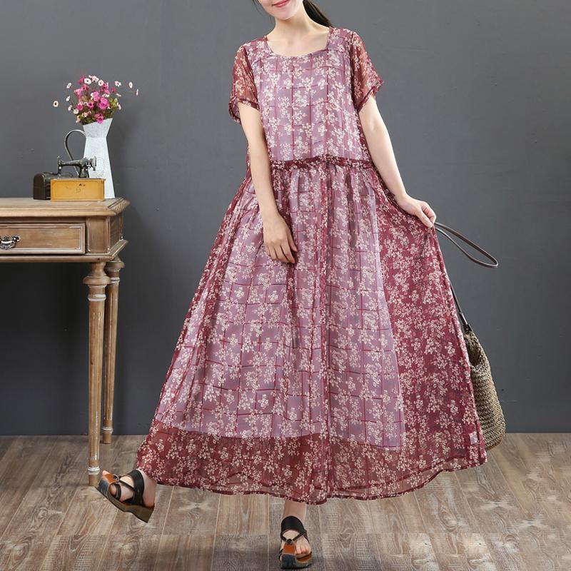 fashion summer maxi dress top quality Fake Two-piece Short Sleeve Red Floral Dress - Omychic