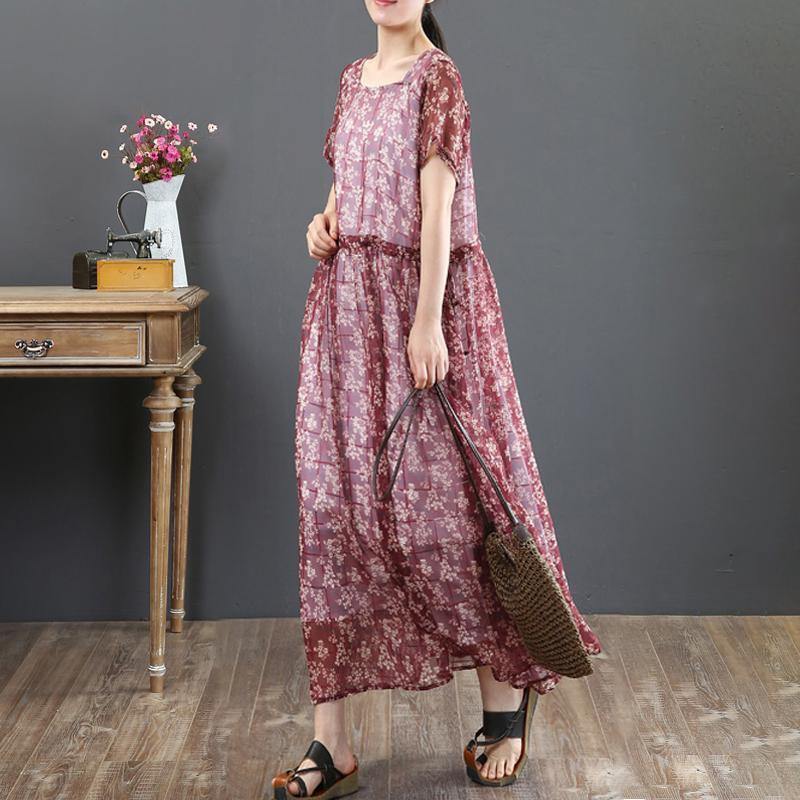 fashion summer maxi dress top quality Fake Two-piece Short Sleeve Red Floral Dress - Omychic