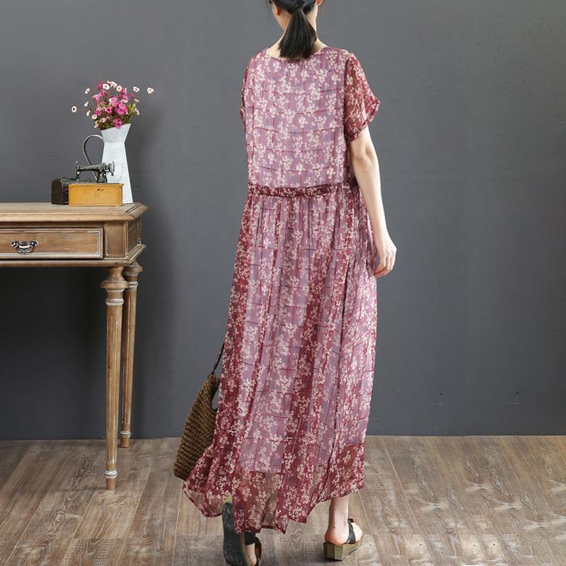 fashion summer maxi dress top quality Fake Two-piece Short Sleeve Red Floral Dress - Omychic