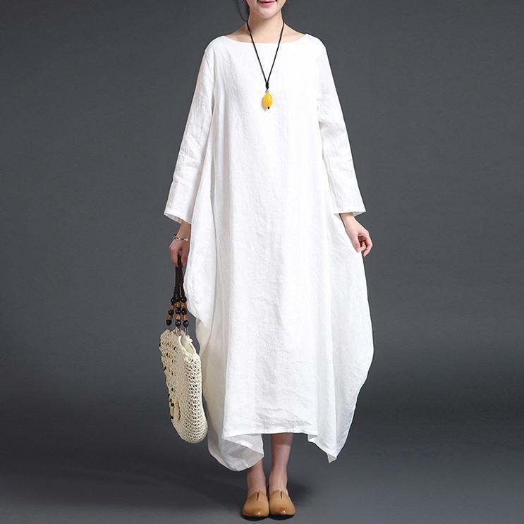 fashion white linen plus size O neck fall dresses Elegant long sleeve asymmetrical design maxi dresses - Omychic