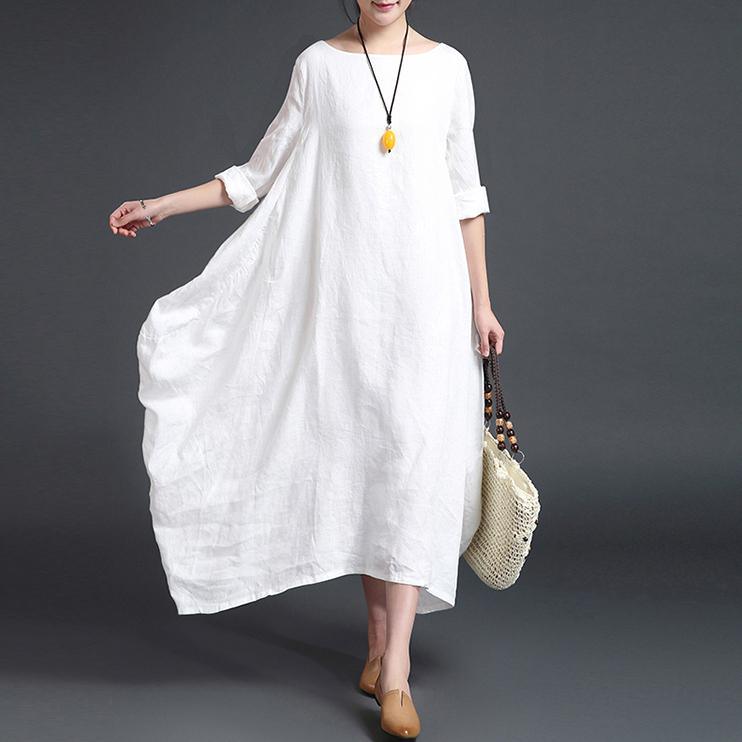 fashion white linen plus size O neck fall dresses Elegant long sleeve asymmetrical design maxi dresses - Omychic