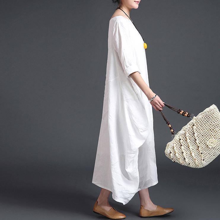 fashion white linen plus size O neck fall dresses Elegant long sleeve asymmetrical design maxi dresses - Omychic