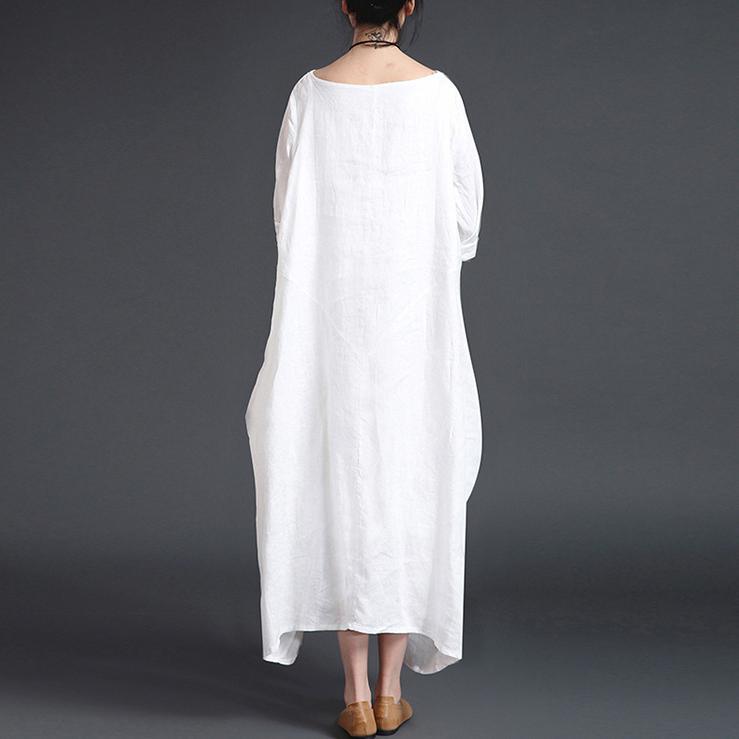 fashion white linen plus size O neck fall dresses Elegant long sleeve asymmetrical design maxi dresses - Omychic