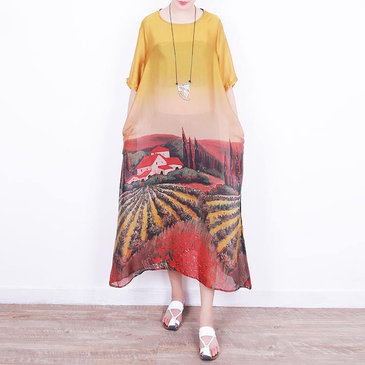 beautiful homeland yellow silk dresses plus size prints caftans boutique o neck chiffon caftans - Omychic