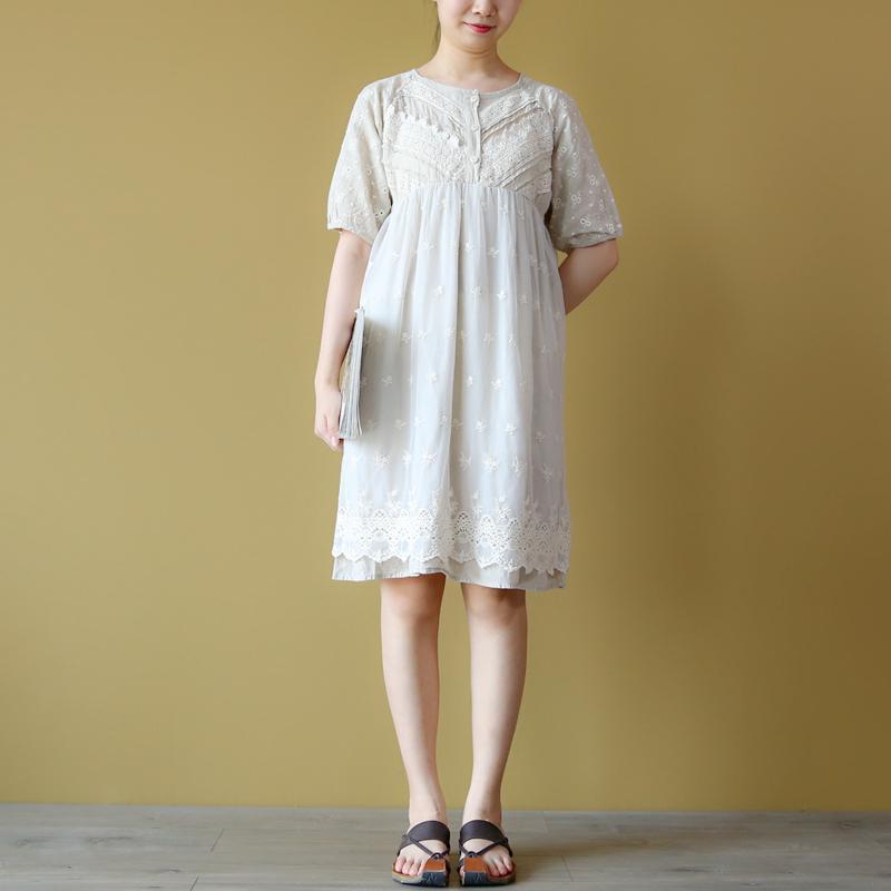 fashion beige  linen maxi dress plus size clothing two layered cotton dresses casual o neck linen clothing dress - Omychic