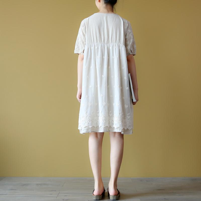 fashion beige  linen maxi dress plus size clothing two layered cotton dresses casual o neck linen clothing dress - Omychic