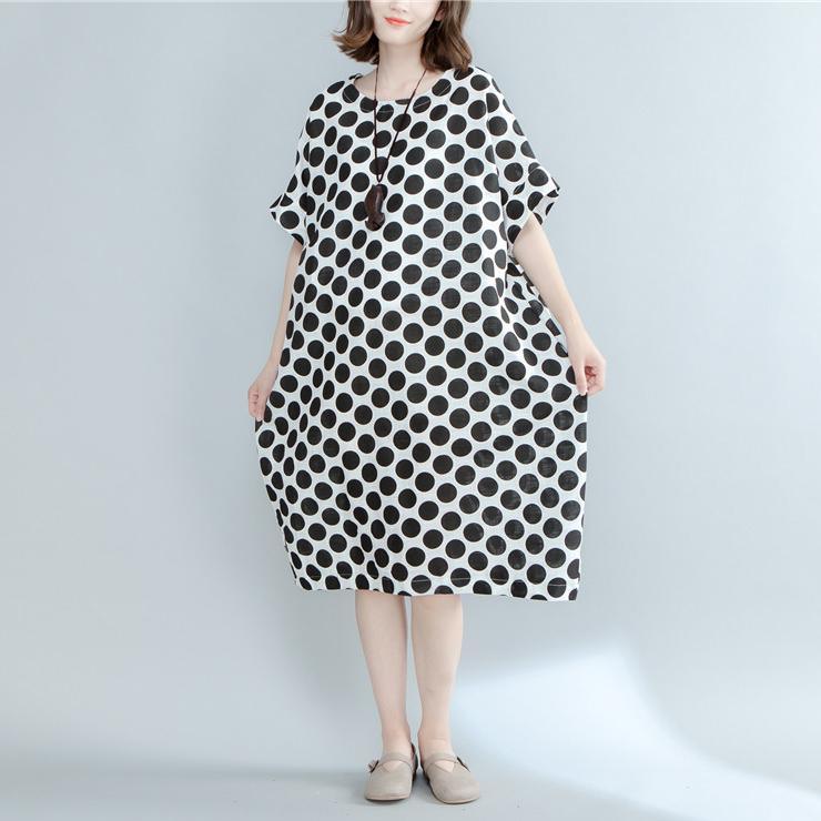 fashion black dotted linen maxi dress oversized short sleeve linen clothing dresses New o neck maxi dresses - Omychic