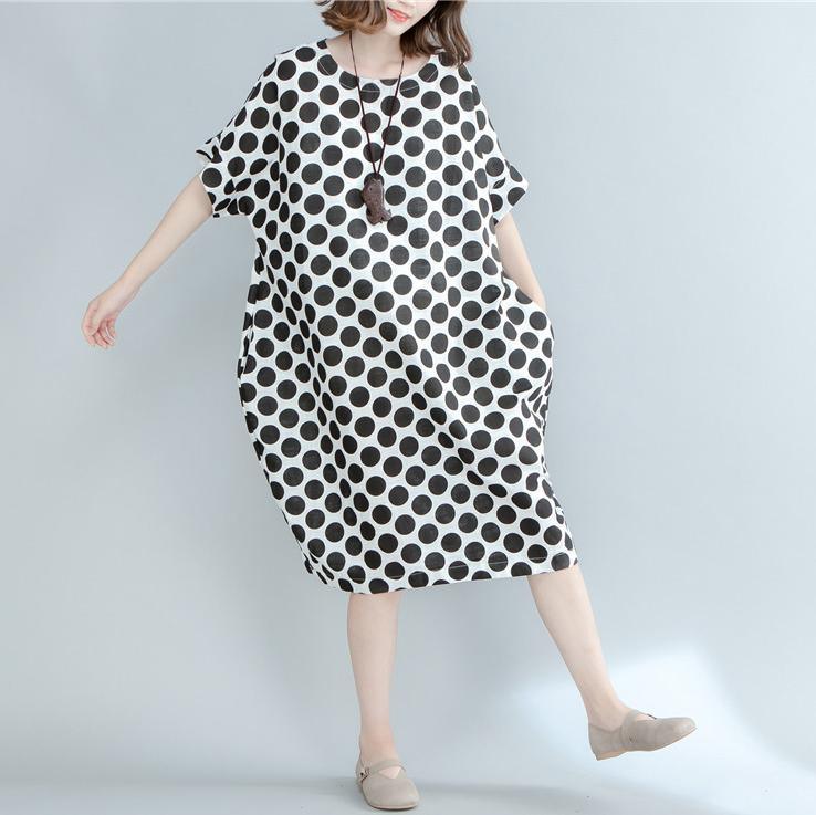 fashion black dotted linen maxi dress oversized short sleeve linen clothing dresses New o neck maxi dresses - Omychic