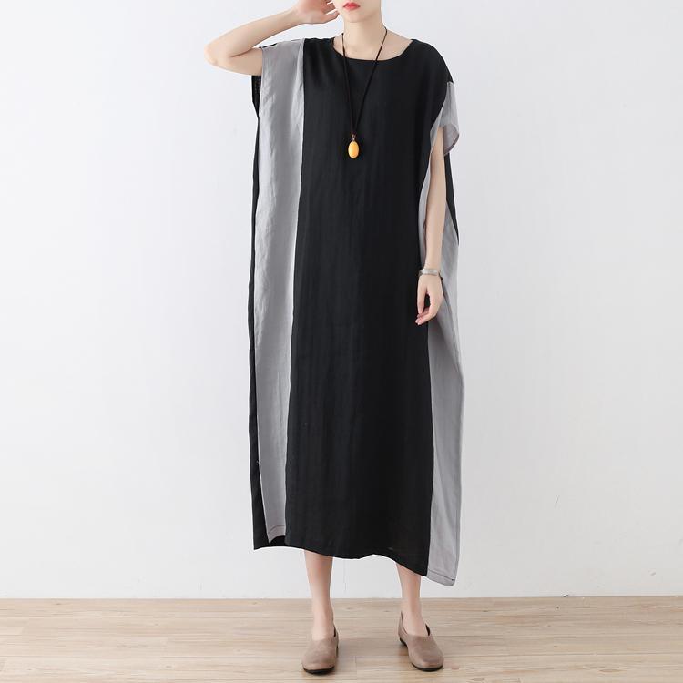 fashion black linen dresses plus size clothing patchwork color maxi dress vintage short sleeve gown - Omychic