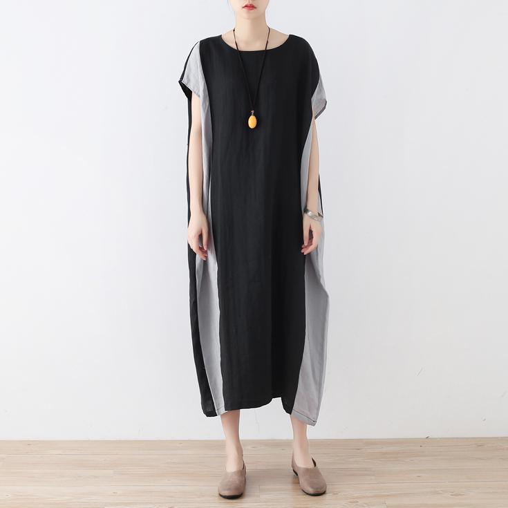 fashion black linen dresses plus size clothing patchwork color maxi dress vintage short sleeve gown - Omychic