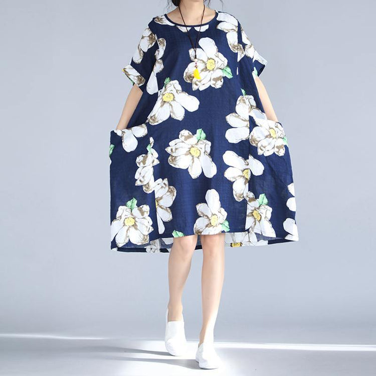 fashion blue floral natural linen dress  trendy plus size traveling dress 2018 big pockets short sleeve linen clothing dresses - Omychic