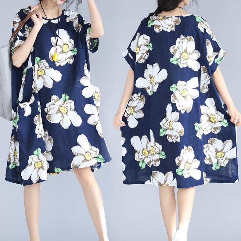 fashion blue floral natural linen dress  trendy plus size traveling dress 2018 big pockets short sleeve linen clothing dresses - Omychic