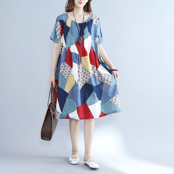 fashion blue patchwork Midi cotton dresses plus size holiday dresses Elegant o neck short sleeve midi dress - Omychic