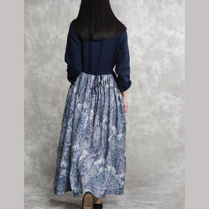 fashion blue prints natural linen dress  oversized patchwork linen gown boutique tie waist gown - Omychic
