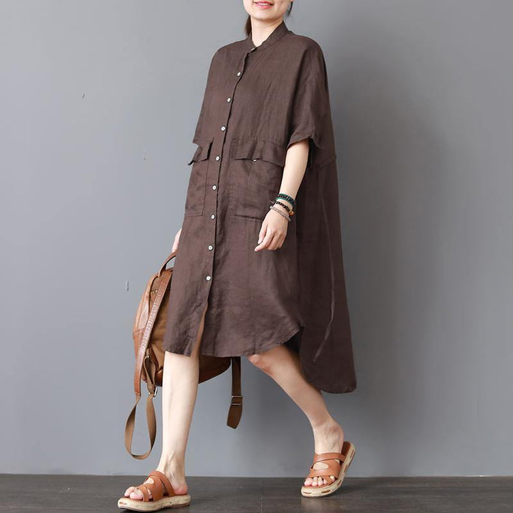 fashion chocolate linen dresses oversize linen cotton dress vintage low high design lapel collar midi dress - Omychic