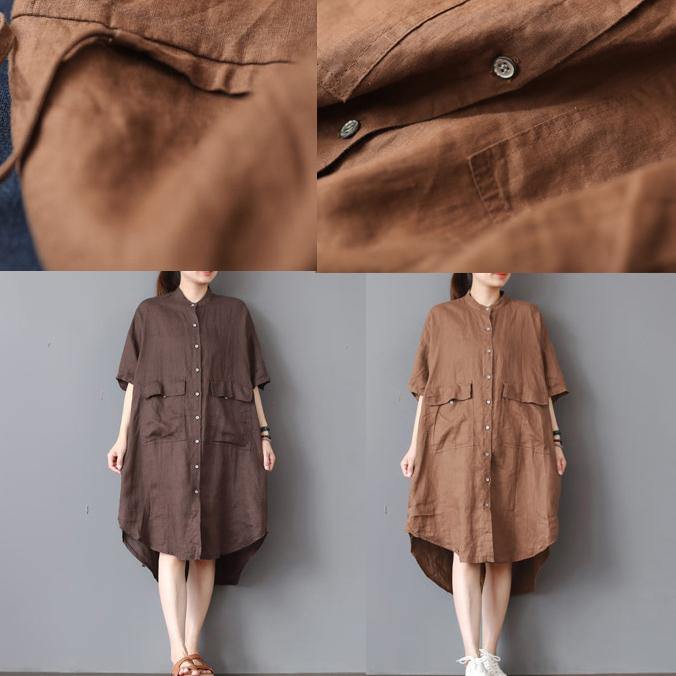 fashion chocolate linen dresses oversize linen cotton dress vintage low high design lapel collar midi dress - Omychic