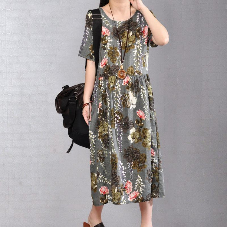 fashion cotton caftans oversized Printed Round Neck Short Sleeve Pleated Dress - Omychic