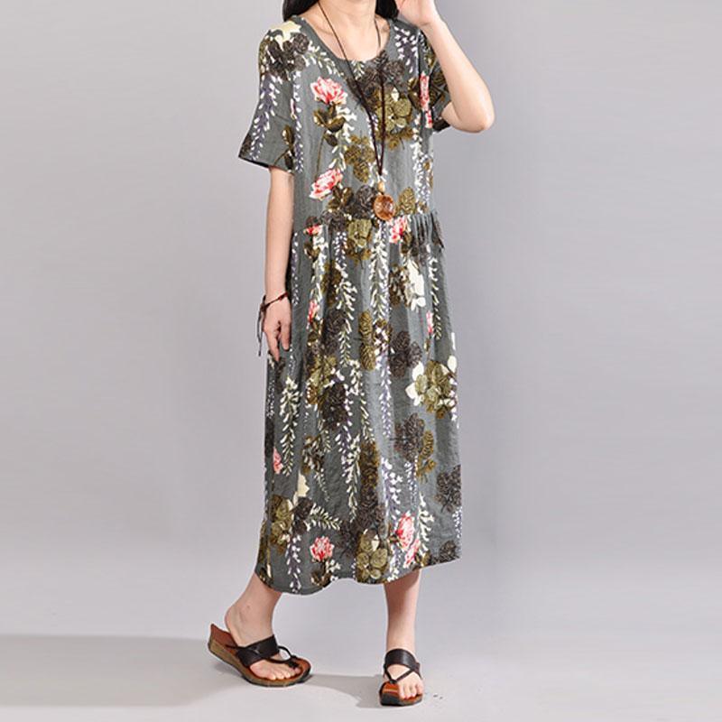 fashion cotton caftans oversized Printed Round Neck Short Sleeve Pleated Dress - Omychic