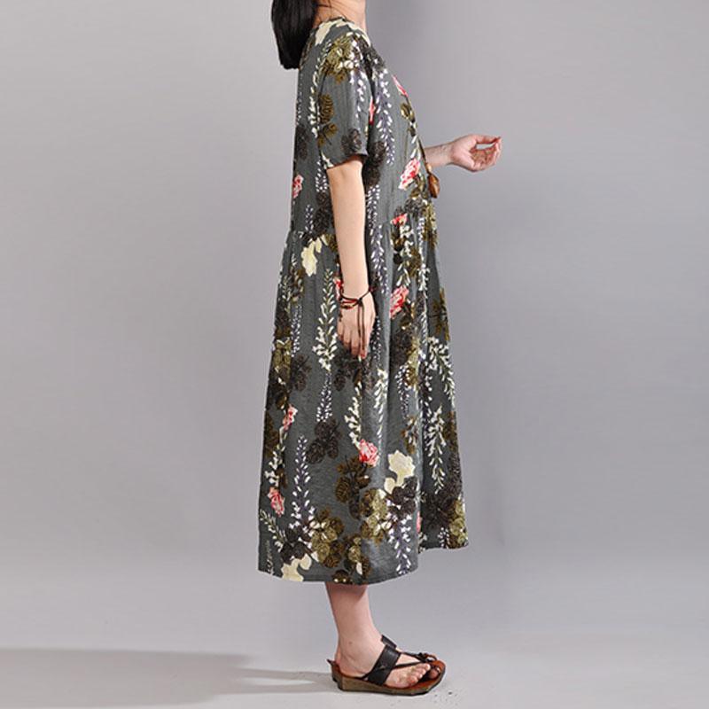 fashion cotton caftans oversized Printed Round Neck Short Sleeve Pleated Dress - Omychic