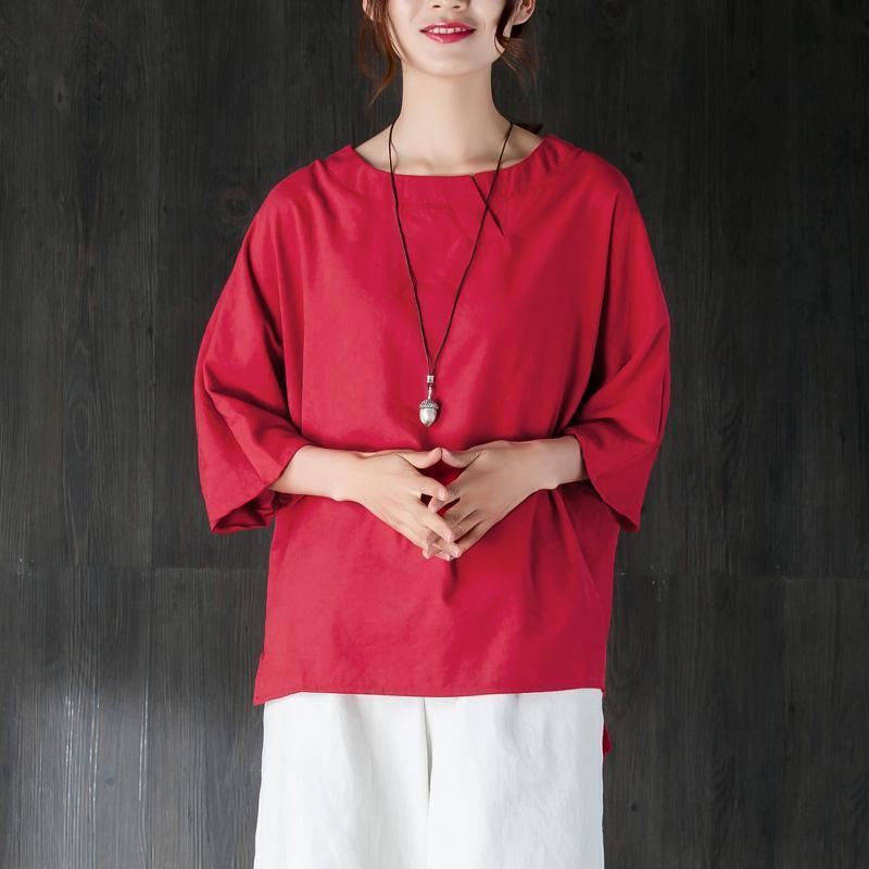 fashion cotton summer top oversize  Loose Round Neck Shoulder Sleeve Red Tops - Omychic