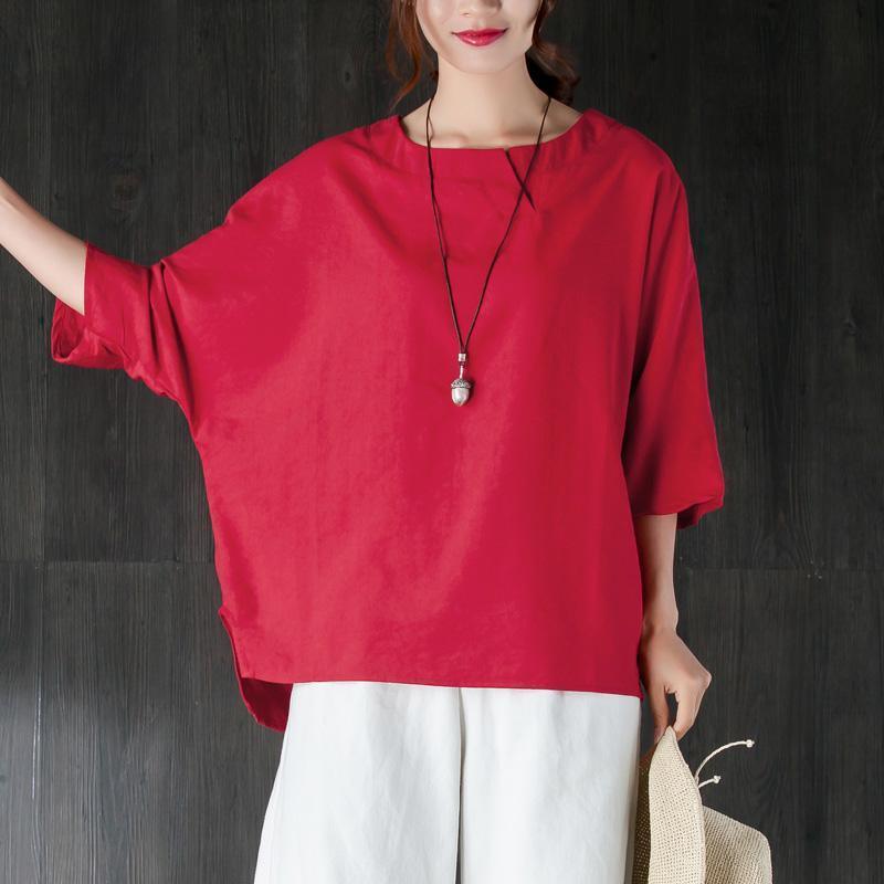fashion cotton summer top oversize  Loose Round Neck Shoulder Sleeve Red Tops - Omychic