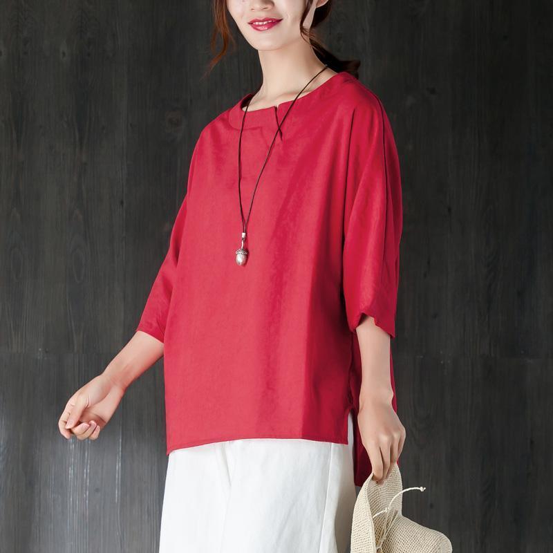 fashion cotton summer top oversize  Loose Round Neck Shoulder Sleeve Red Tops - Omychic